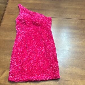 VNAIX Bridals Elegant Pink Sequin One-Shoulder Mini Dress Juniors P2P 14”